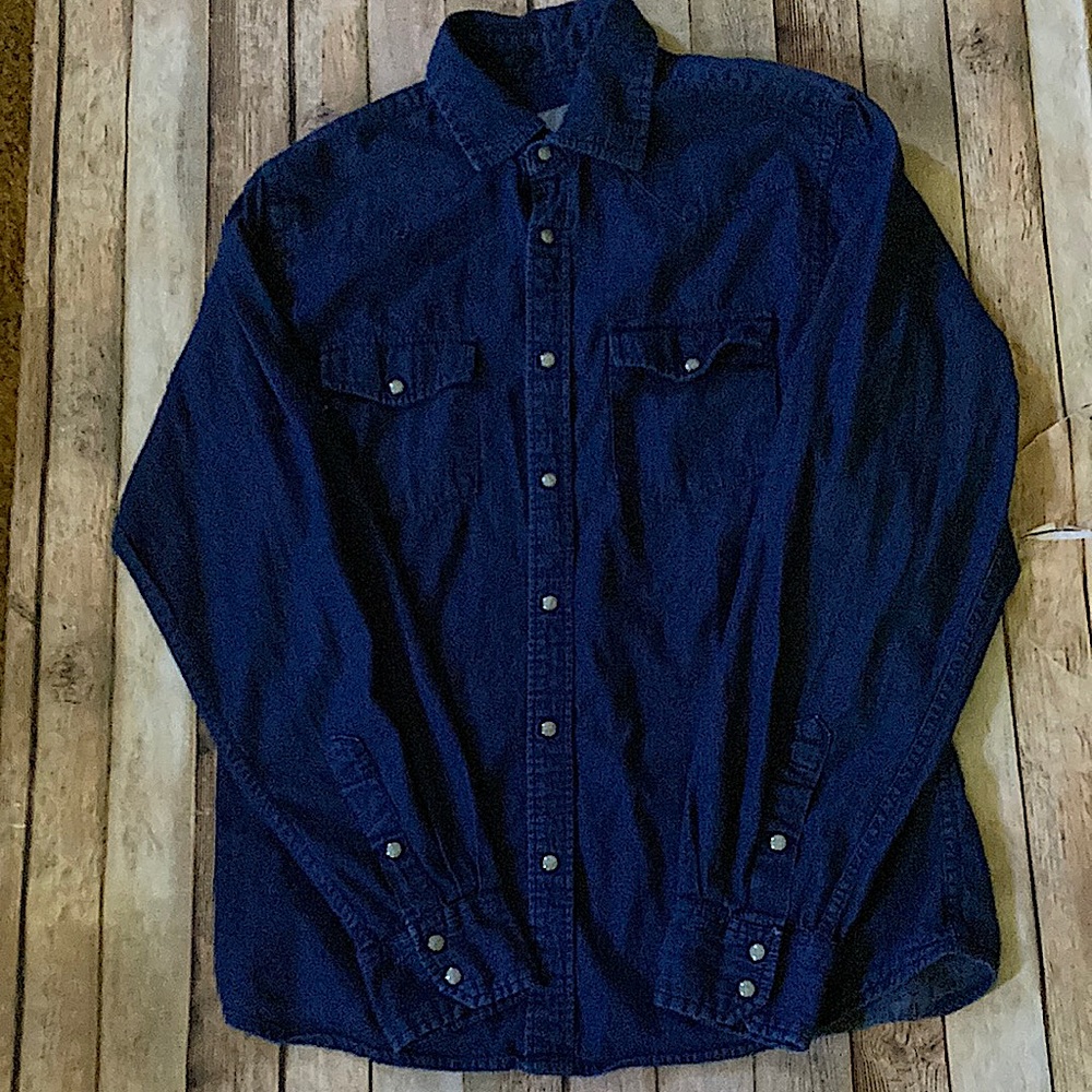 Reactor + L slim fit chambray pearl snap 3/4 sleeve optional Western vibes